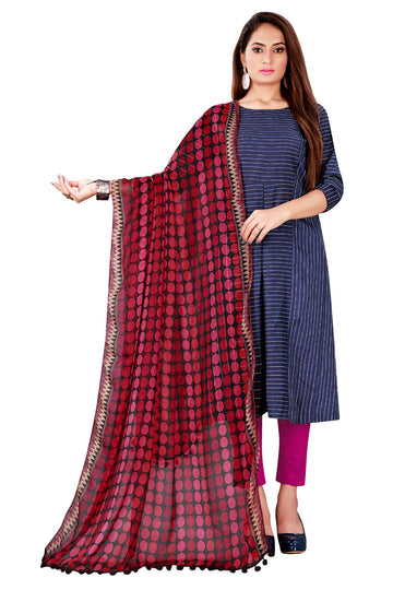 Rani Color Kalamkari And Floral Printed Chiffon Dupatta With Tassels